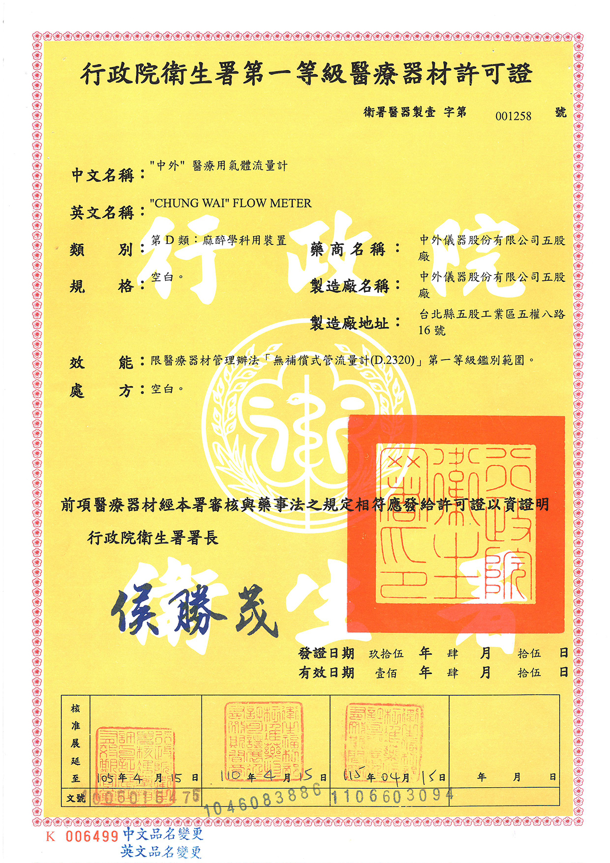 Ministry of Health and Welfare of Taiwan 1st Class permit - Medical gas-flow meter